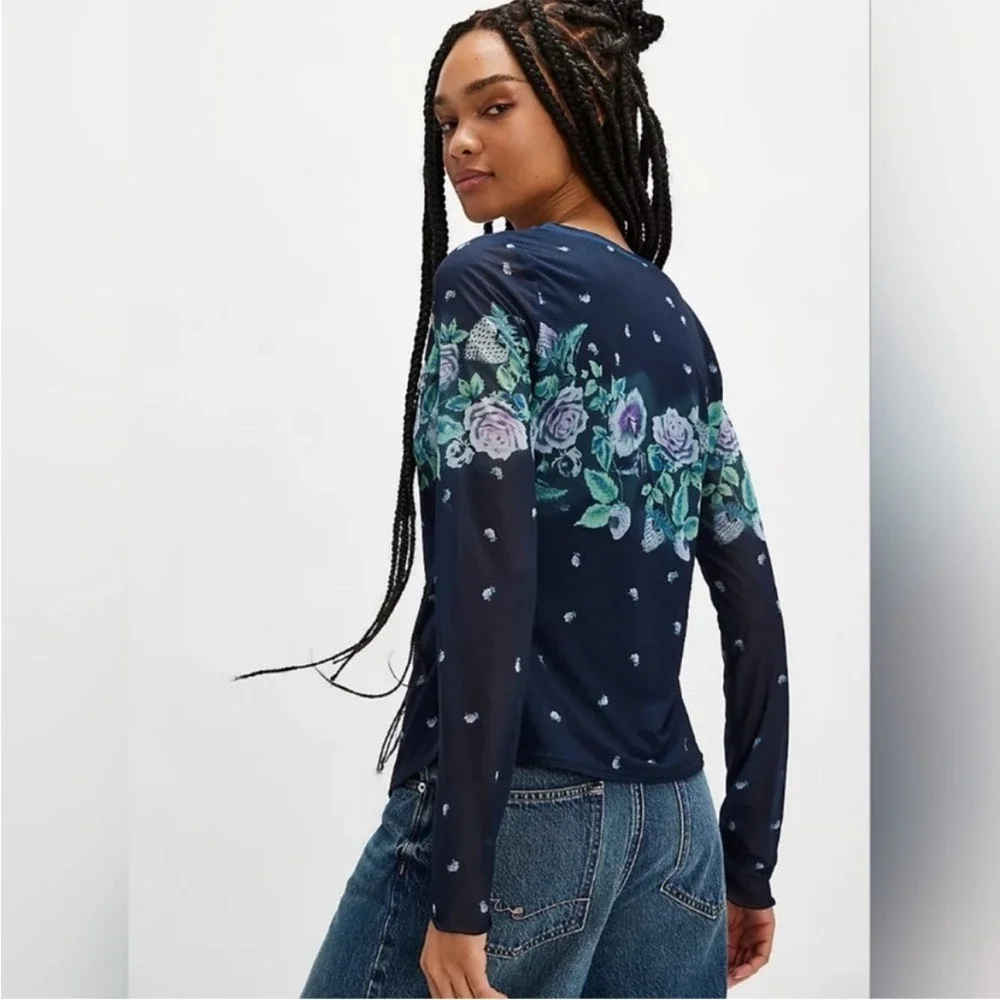 Free People Home Grown Mesh‎ Cardi Navy Blue Combo Floral Button down Small NWOT